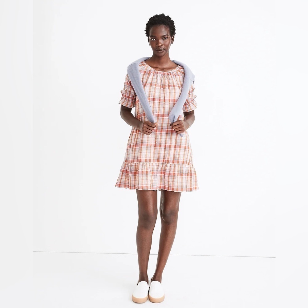 Madewell Plaid Ruffle Sleeve Popover Mini Dress